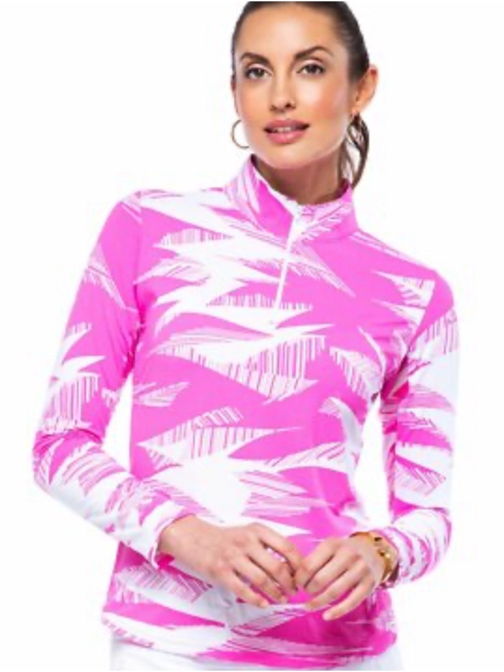 IBKUL STORMI Pink‎ & White Long Sleeve Mock Golf Shirt XL